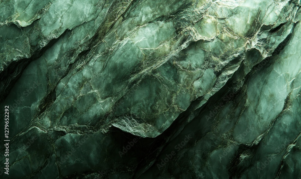 Poster abstract green marble textures with glossy highlights and organic patterns, illuminated by soft ligh