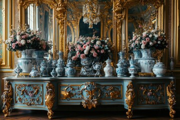 Fototapeta premium A Rococo Revival - style buffet with porcelain figurines, floral arrangements, and gold - trimmed mirrors