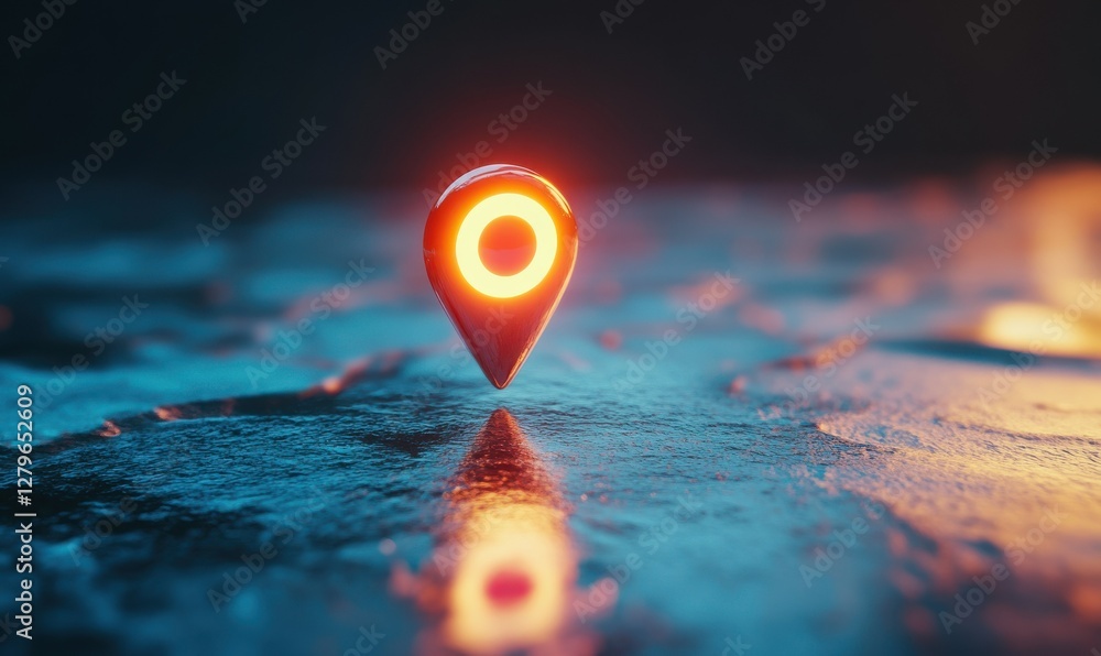Poster artistic glowing location pin hovering over a smooth abstract surface, symbolizing digital precision