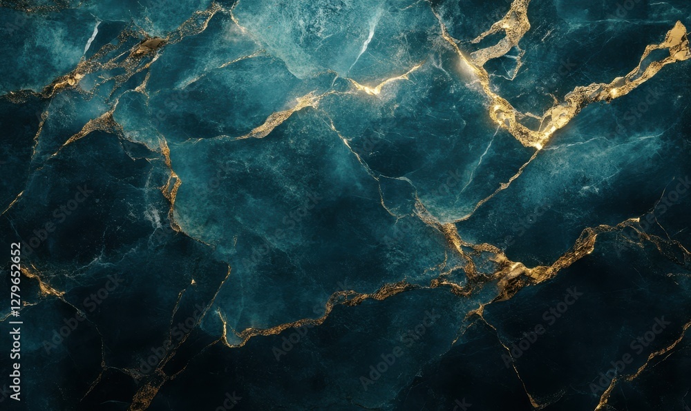 Poster abstract marble pattern in bold shades of teal and gold with intricate textures illuminated by soft 