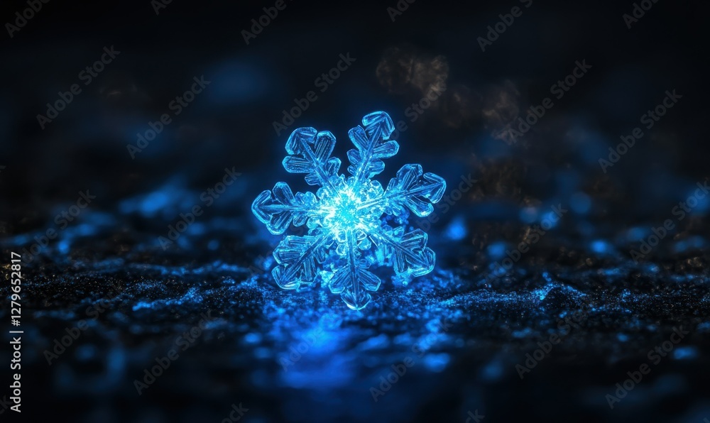 Poster artistic macro shot of a glowing snowflake resting delicately on a dark surface, illuminated by soft