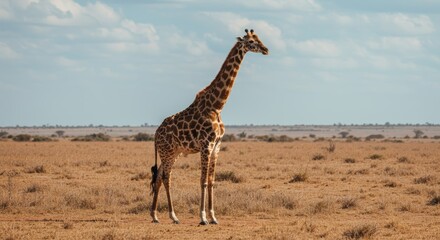 Elegant Giraffe Stands Tall Against a Horizon of Open Savannah Plains