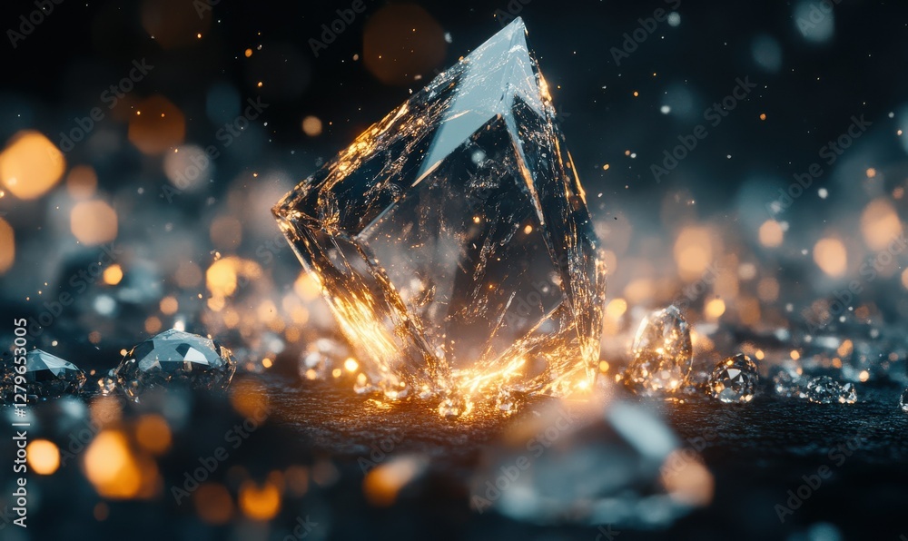 Poster artistic macro shot of sparkling diamonds resting on a black surface, illuminated by soft light to e