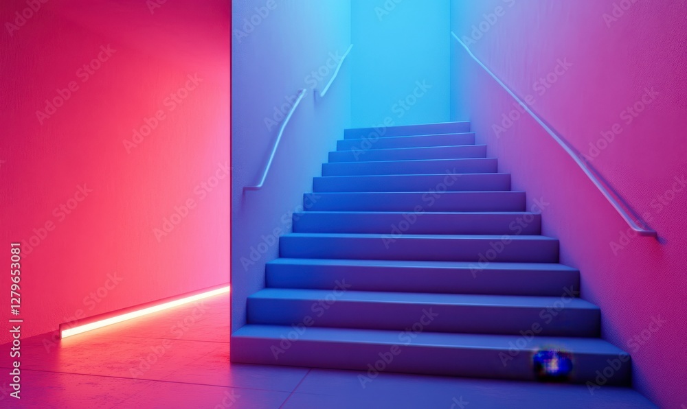 Poster artistic minimalist staircase in bold blue and pink tones, illuminated by subtle light creating a mo
