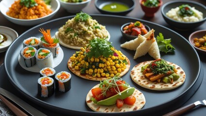 Culinary World Tour: A Global Tapas Platter or Fusion Dish Featuring Flavors from Japan, Italy, Mexico, India, and France