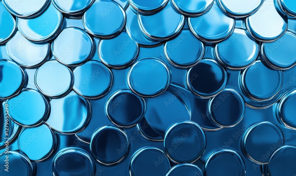 Poster abstract pattern of circular blue glass tiles arranged in a geometric design, reflective surfaces an