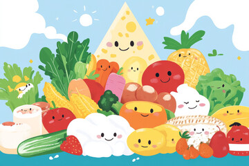 A cartoon style pyramid of healthy foods, with smiling fruits, vegetables, grains, and proteins promoting balanced nutrition.