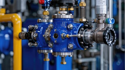 Fototapeta premium Blue industrial valve close-up, factory background