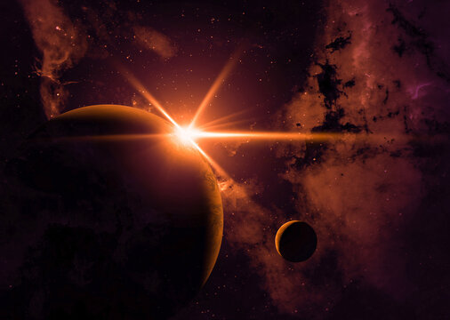 Digital illustration of the Earth and Moon from space with the sun breaking the horizon