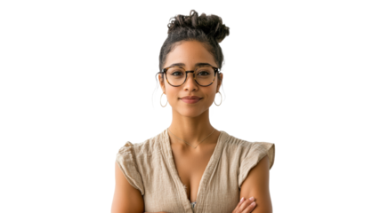 Confident young woman poses with arms crossed