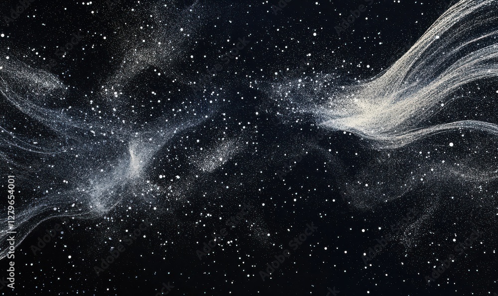 Poster abstract shimmering particles in shades of silver and white scattered on a dark navy background illu