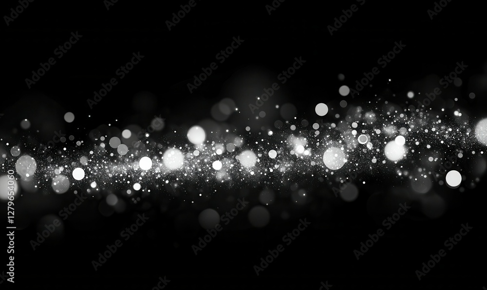 Poster abstract shimmering silver bokeh lights scattered across a dark background illuminated by soft light