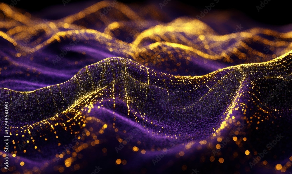 Aufkleber abstract shimmering particles in vibrant shades of purple and gold dynamically scattered across a da