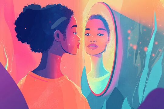 A colorful illustration of a person looking at their reflection in a mirror, with glowing positive affirmations surrounding them, promoting self love and confidence.