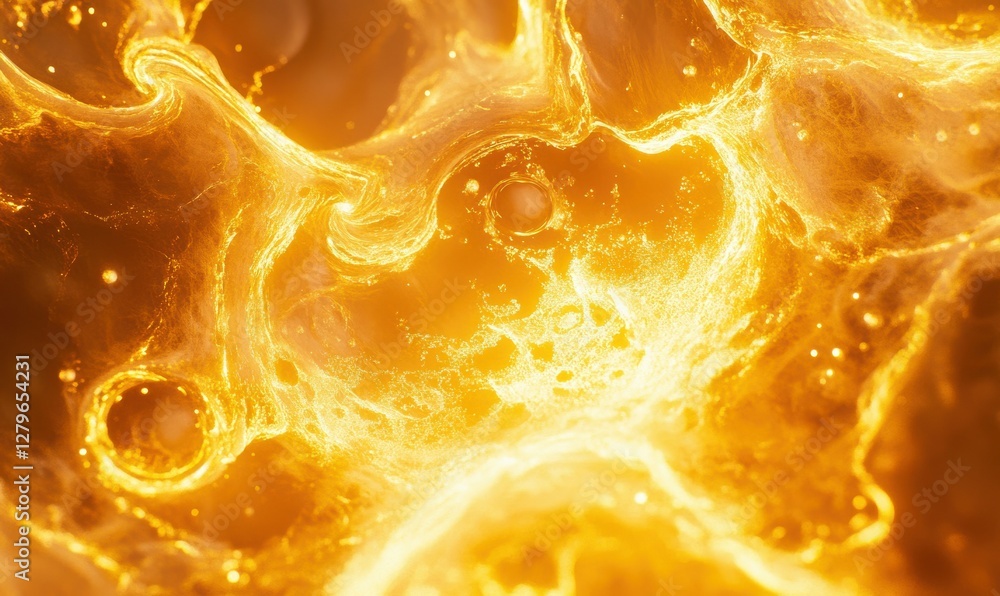 Poster artistic swirling patterns of liquid gold illuminated by warm light, creating a luxurious and modern