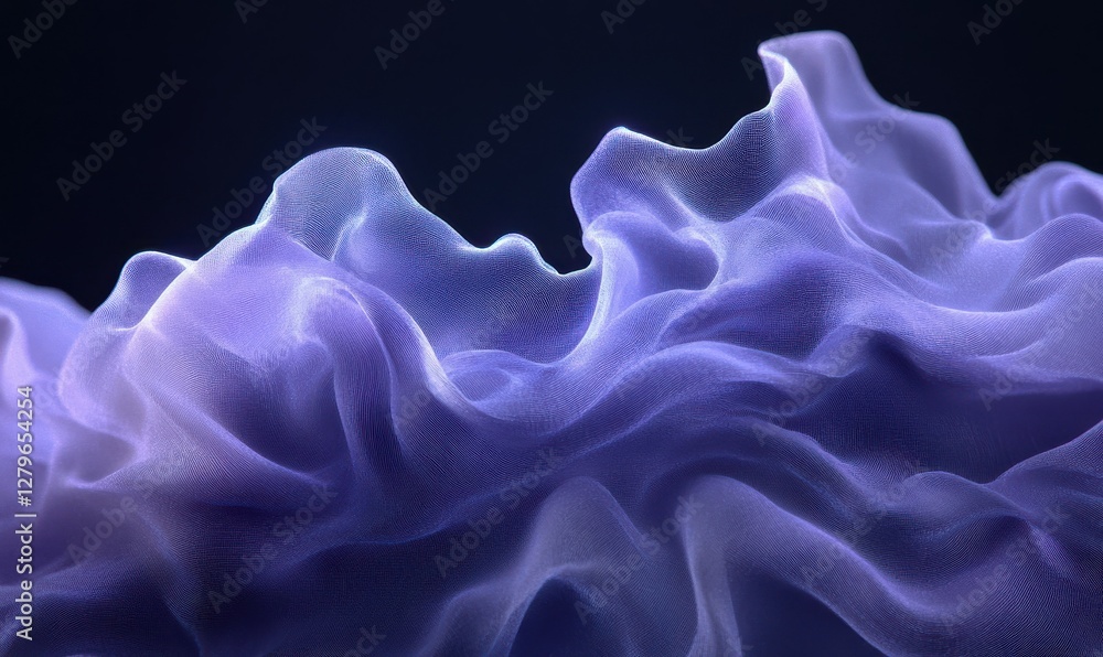 Poster Abstract swirl of glowing purple fabric waves creating a dynamic and elegant motion effect against a sleek background