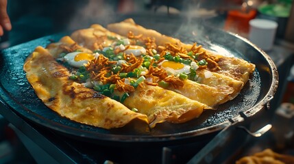 Cooking Vietnamese Banh Xeo Crepes with Eggs and Fresh Green Onions