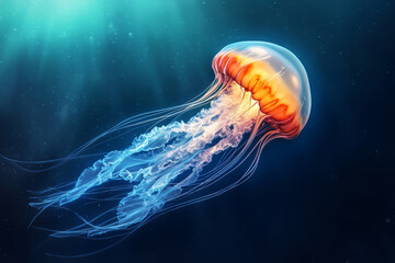 A highly detailed and realistic digital painting of a jellyfish floating gracefully through the deep ocean, its translucent tendrils glowing softly.