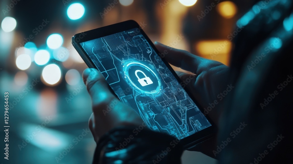 Poster hands holding tablet displaying security app with city map and padlock icon, suggesting secure acces
