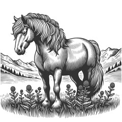 horse peacefully grazing in scenic alpine meadow mountain landscape, wildflowers and pine trees in etching style sketch engraving generative ai vector illustration. Scratch board. Black and white.