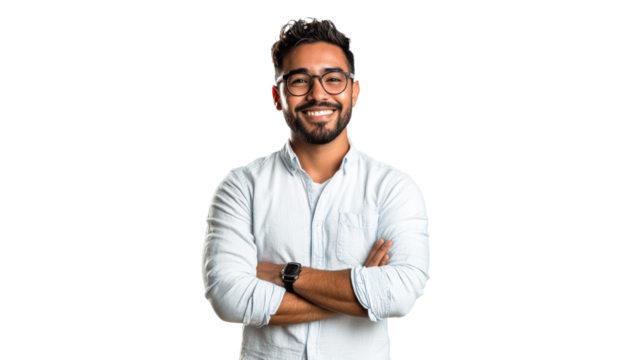 Smiling man in casual attire with arms crossed