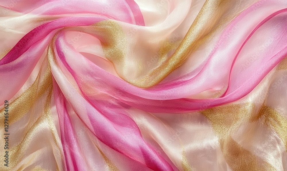 Poster abstract swirls of pink and gold fabric flowing dynamically, illuminated by soft light creating a lu