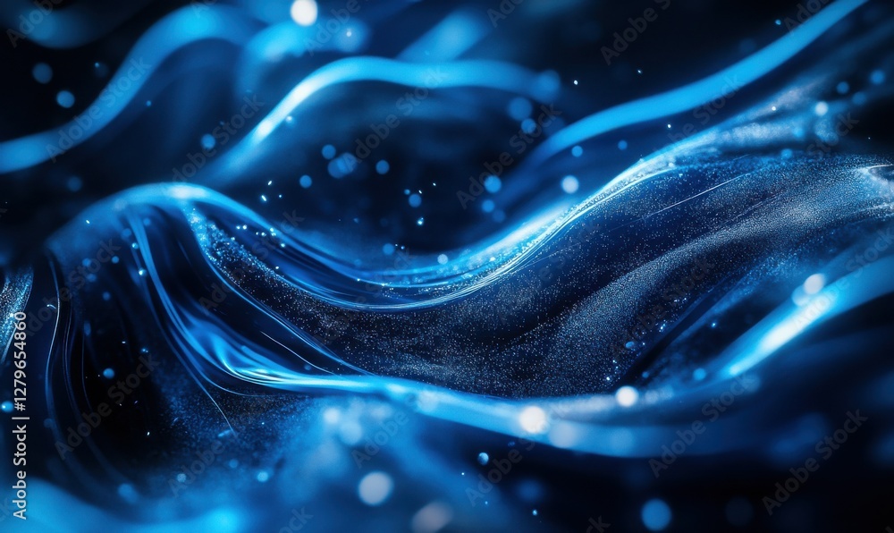 Poster abstract underwater scene with shimmering blue hues and dynamic light reflections, creating a captiv