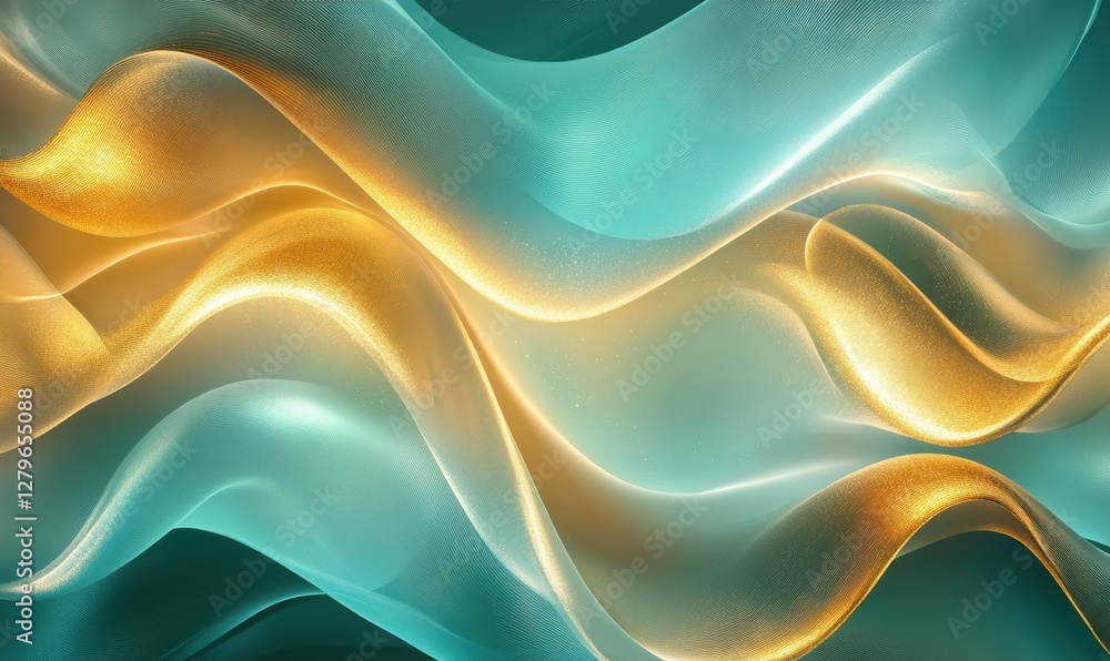 Poster abstract waves of gold and teal light blending harmoniously, illuminated softly to create an elegant