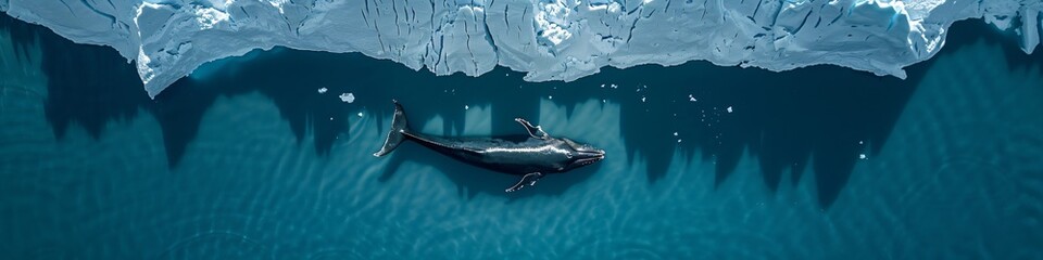 Fototapeta premium Whale swimming under ice in arctic waters. Aerial view of marine life in blue ocean. Wildlife conservation and climate change impact on polar ecosystems.