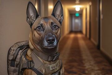 Obraz premium Military working dog in camouflage gear standing in a hallway, attentively looking at the camera