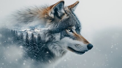 Snow-covered landscape and wolf fusion, Wolf double exposure with snowy mountains, a wild wolf blending with a snowy mountain landscape for a stunning nature-inspired artwork