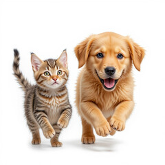 Cat and dog together, isolated on white. Retriever and kitten,olden retriever puppy and tabby cat running and playing together, friendship animals isolated on white background,Cute Puppy and Kitten To