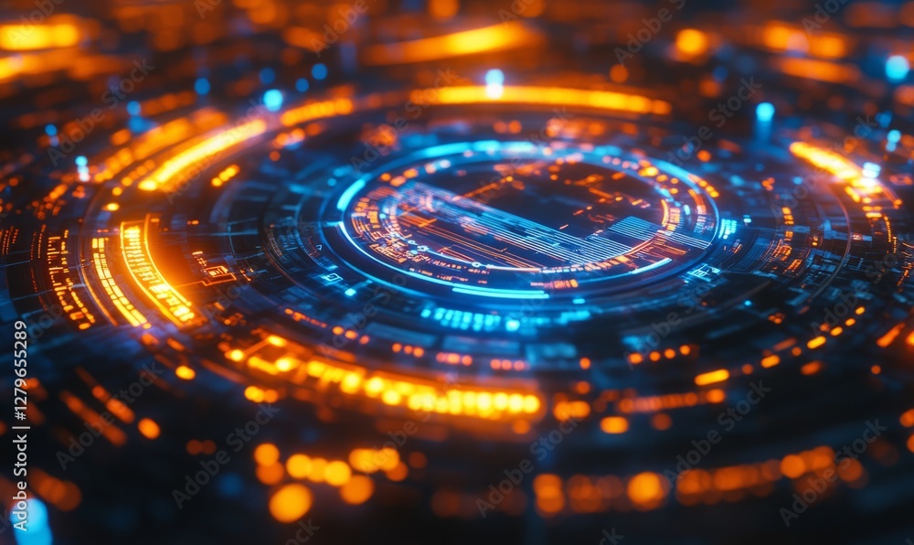 Poster a glowing, futuristic circular interface with vibrant blue and orange lights, representing advanced 