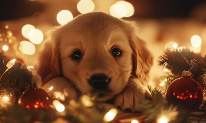 Adorable golden retriever puppy surrounded by festive Christmas decorations illuminated by glowing holiday lights creating a heartwarming seasonal vibe