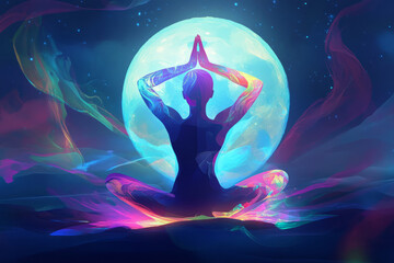 A symbolic illustration of a person practicing yoga under a soft moonlight, their body glowing with vibrant energy, representing the connection between self care and mental clarity.