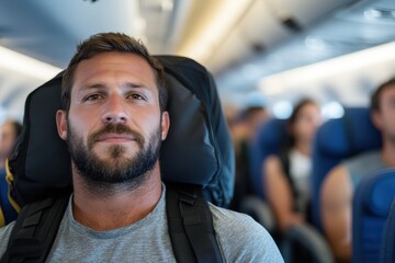 A relaxed man with a beard sits in an airplane seat, wearing a gray shirt, indicating travel comfort amidst a bustling atmosphere, portraying the joy of air travel.