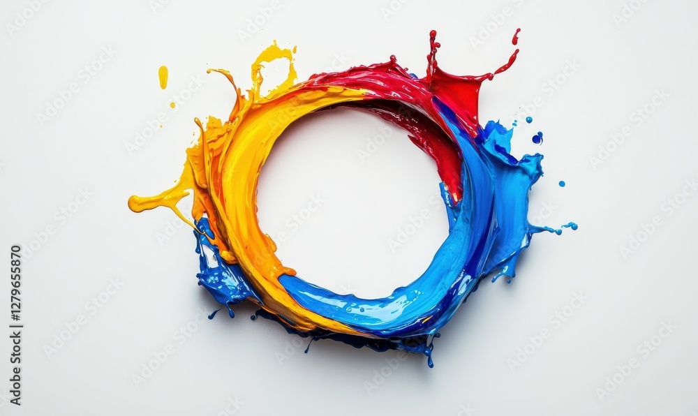 Poster bold abstract circle created by vibrant paint splashes on a clean white surface, illuminated by soft