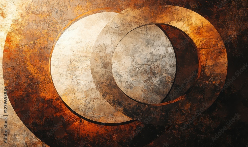 Poster artistic abstract painting featuring bold earth tones and circular patterns illuminated by soft ambi