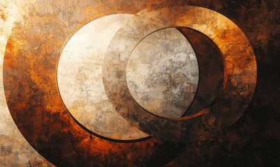 Artistic abstract painting featuring bold earth tones and circular patterns illuminated by soft ambient light for a rich and textured design,