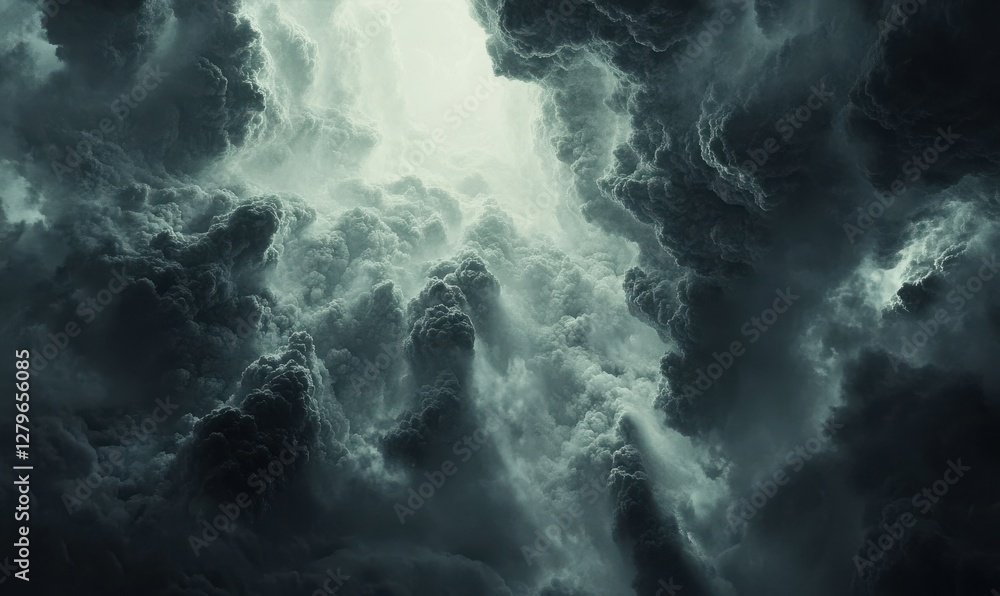 Poster bold and dramatic storm clouds in deep gray hues, with sharp lighting and shadows creating a powerfu