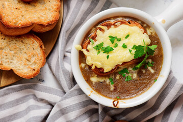 Traditional French Onion Soup with Cheese Croutons.top veiw