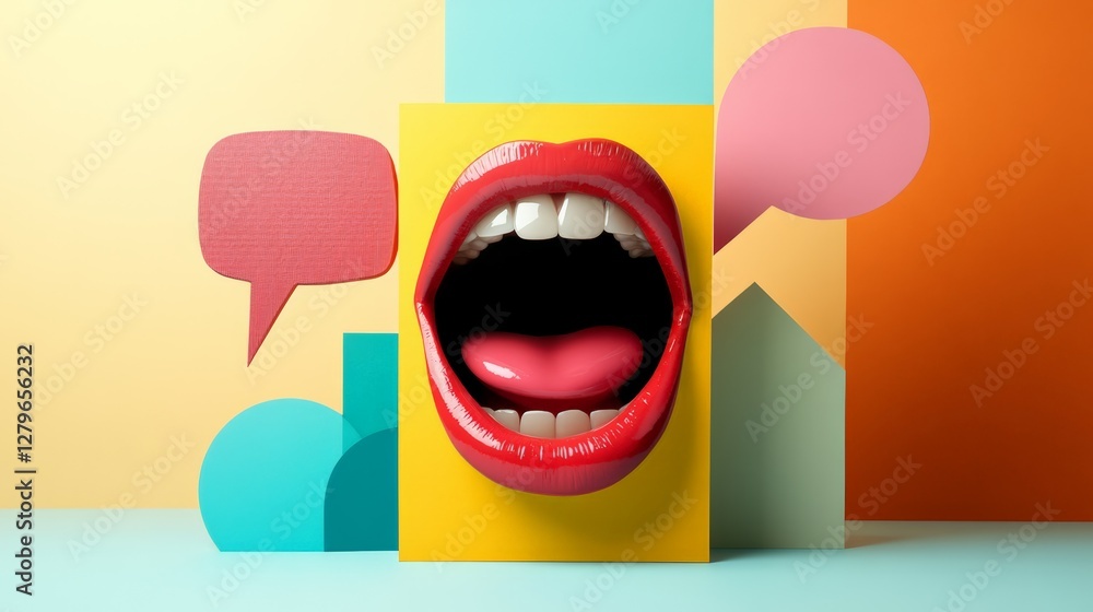 Poster Open mouth with red lipstick displaying white teeth and tongue, screaming against a vibrant pop art background filled with speech bubbles, representing communication and self expression