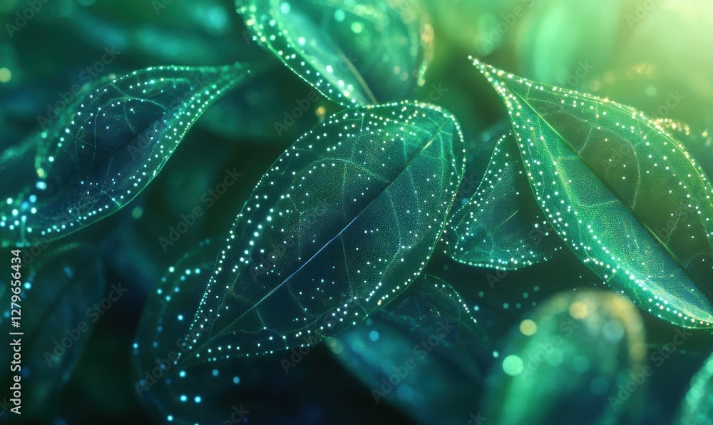 Poster abstract macro shot of vibrant green leaves with intricate patterns illuminated by soft light.