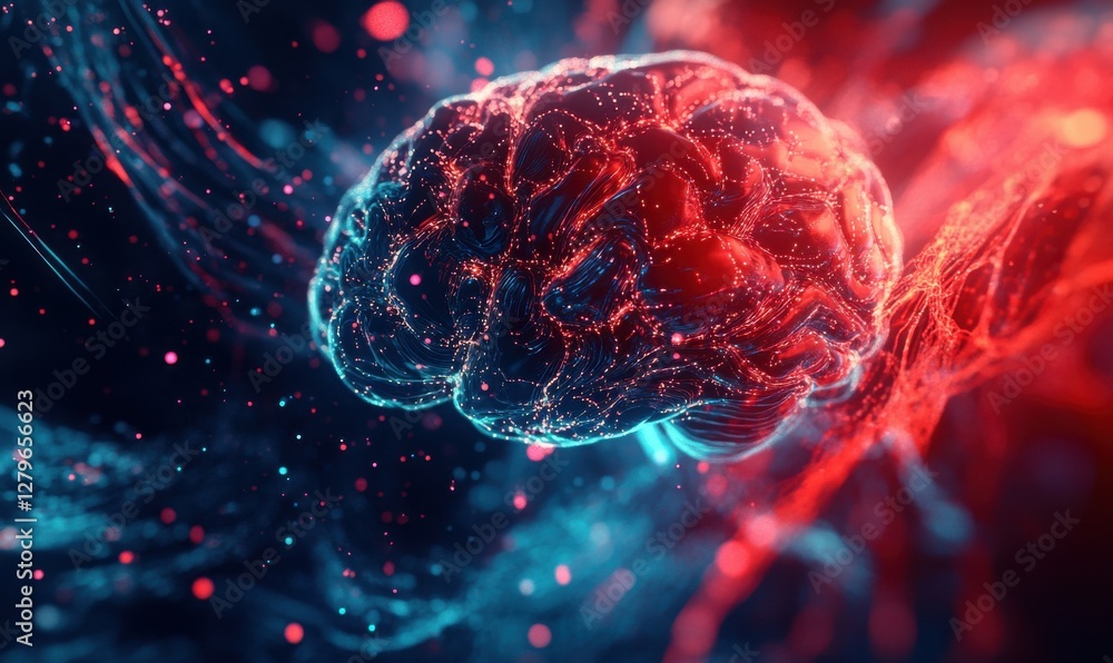 Aufkleber abstract visualization of a glowing brain with vibrant neural connections, dynamic red and blue tone