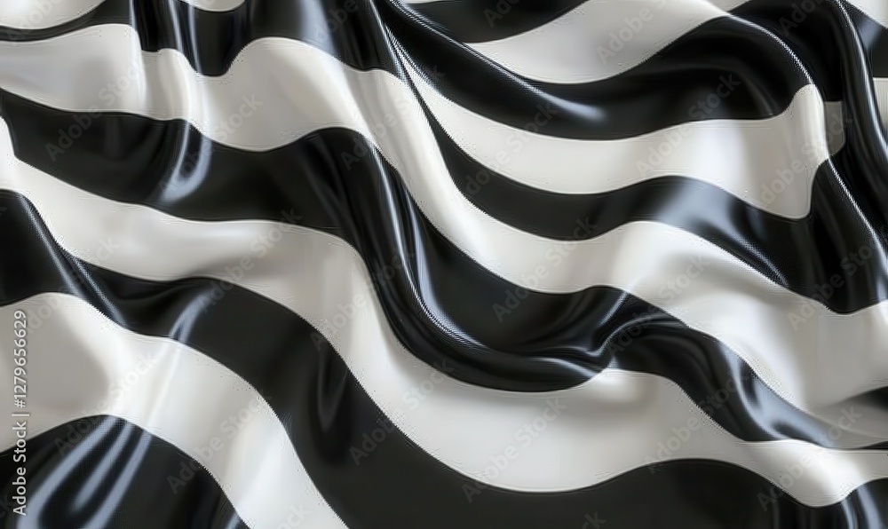 Poster artistic composition of flowing black and white stripes forming abstract patterns, illuminated by so