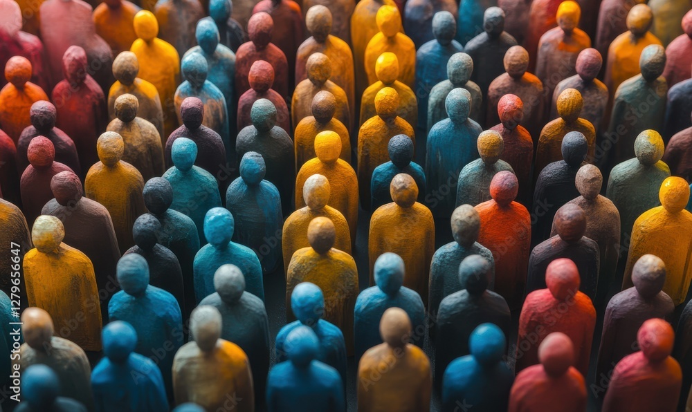Poster artistic composition of diverse multicolored figurines arranged in rows, symbolizing unity, communit