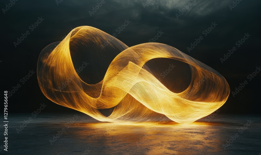 Poster artistic composition of glowing golden light trails swirling dynamically against a sleek dark backgr