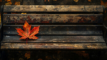 秋の木製ベンチに舞い落ちた紅葉