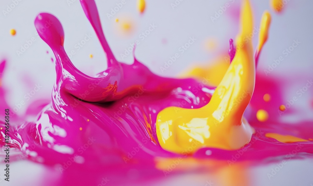 Poster bold splashes of vibrant magenta and yellow paint scattered dynamically on a clean white surface, cr