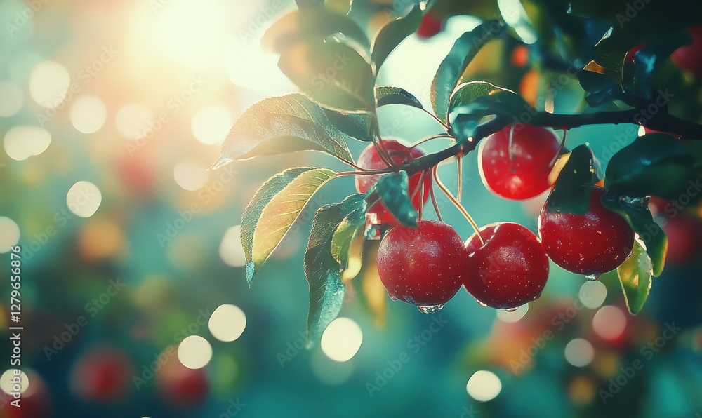 Poster bright red apples hanging on a tree branch, sunlight filtering through the leaves and highlighting t